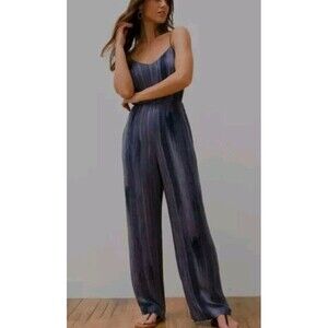 Soma Wknd Jumpsuit 100% Rayon Stripe Stone Blue Wash Pocket Women’s Size S